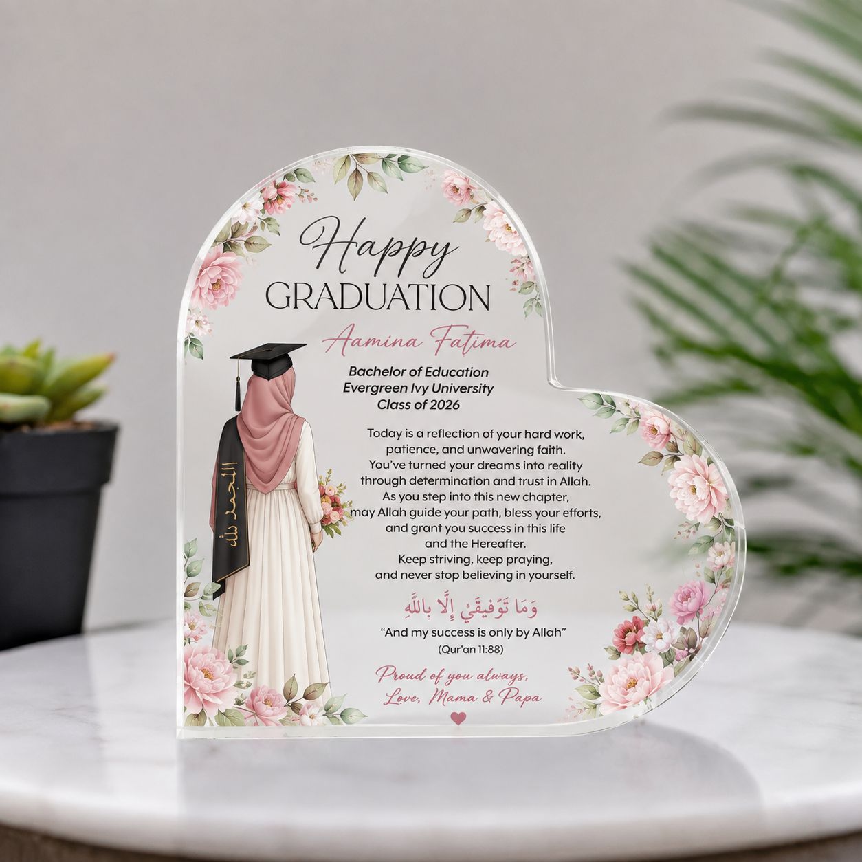 Personalised Heart-Shaped Muslim Girl Graduation Acrylic Gift